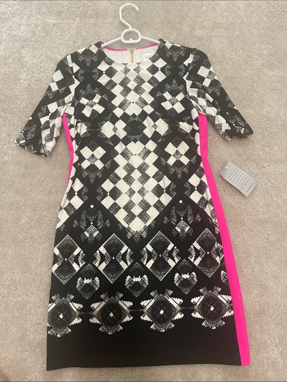 Eliza J Black & White Geometric Midi Dress with Hot Pink Side Panels